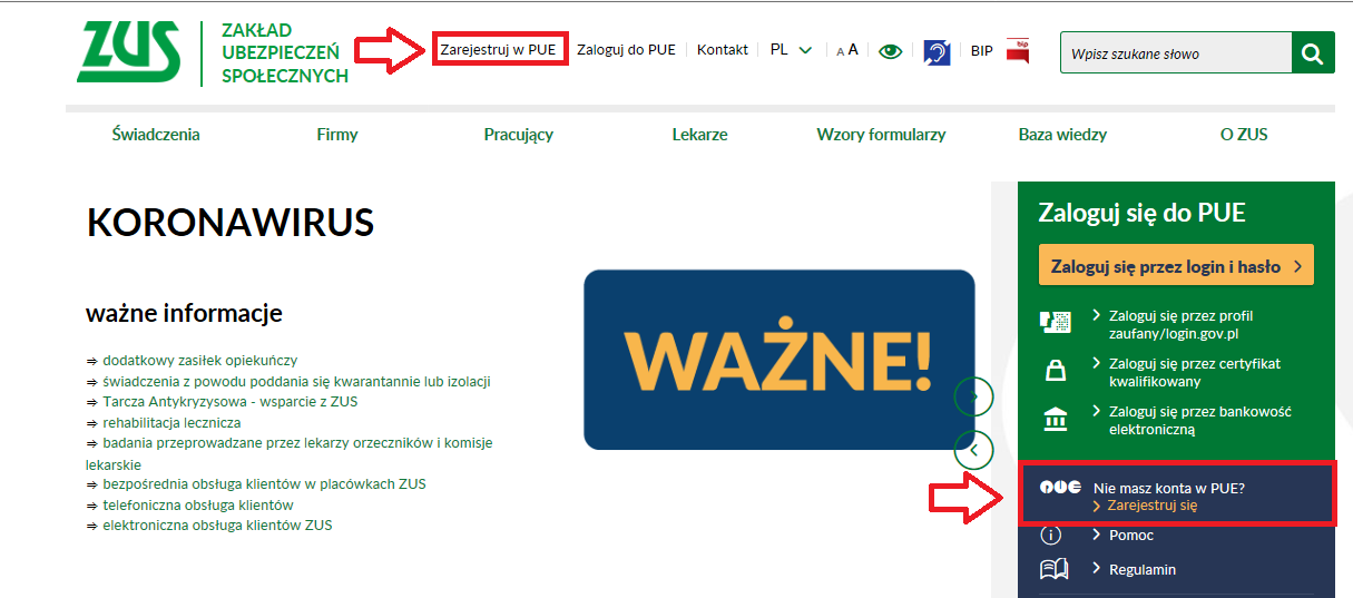 grafika przedstawia fragment zrzutu z ekranu strony głównej zus.pl