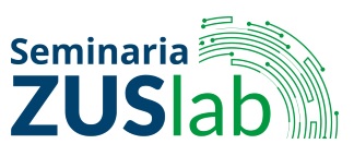 Napis Seminaria ZUSlab, litery są granatowe i zielone. Obok widać zielone półokrągłe strzałki. Napis odnosi się do serii seminariów pod nazwą ZUSlab.