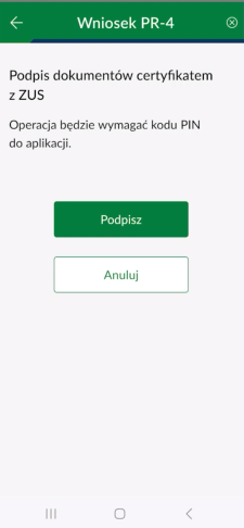 aplikacja mZUS dla lekarza - wniosek PR-4 screen 1 podpisz dokument certyfikatem z ZUS i wyślij - link do powiększonej grafiki