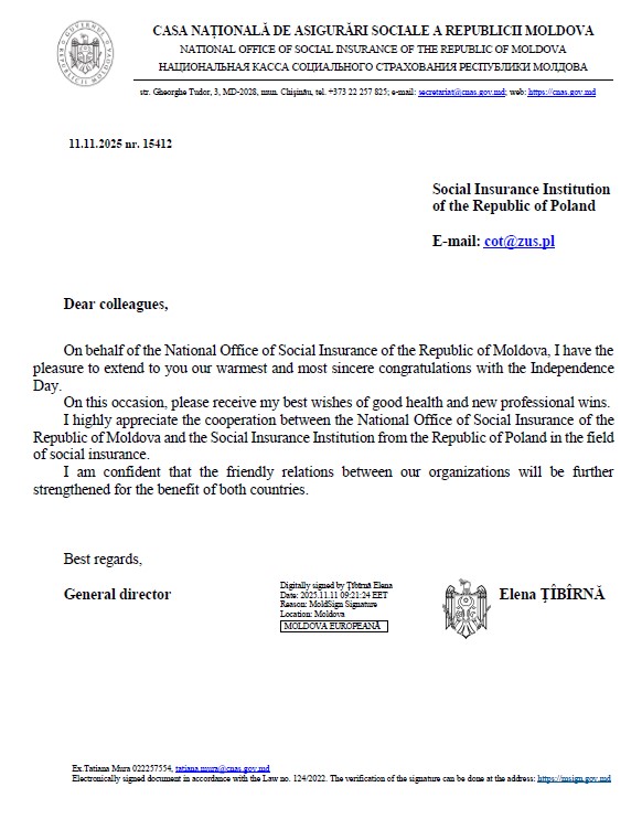 list gratulacyjny od dyrektor generalnej Narodowej Kasy Ubezpieczeń Społecznych Republiki Mołdawii - link do [owiększonego obrazka