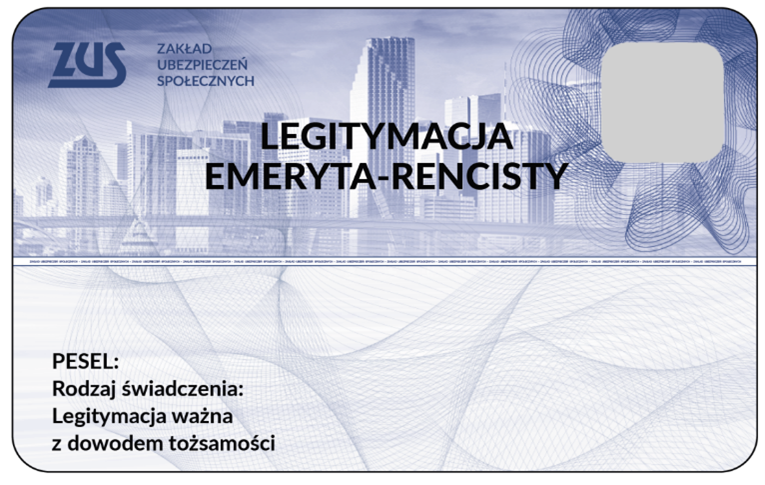 Legitymacja emeryta-rencisty – wzór plastikowy - awers. Zawiera dane: PESEL, rodzaj świadczenia, legitymacja ważna z dowodem tożsamości.