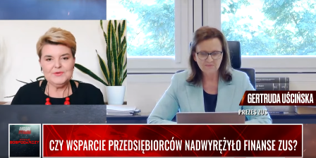 screen z programu - prowadząca i prezes zus, na tle okna, siedzą