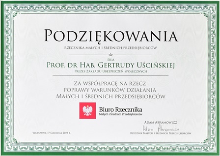 Dyplom rzecznika małych i średnich przedsiębiorców dla ZUS