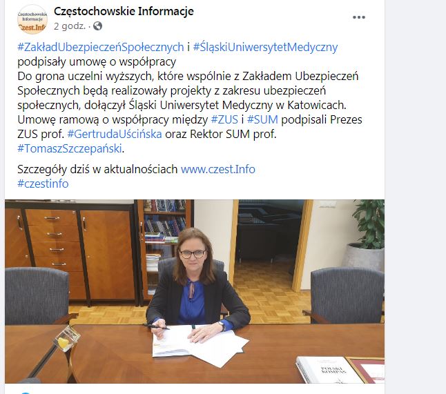 screen z tweetera Częstochowskie informacje - informacja o podpianiu porozumienia o współpracy między ZUS a ŚUM