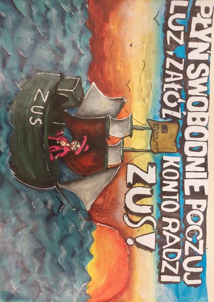 Plakat Krystyny Zych, łódź na morzu