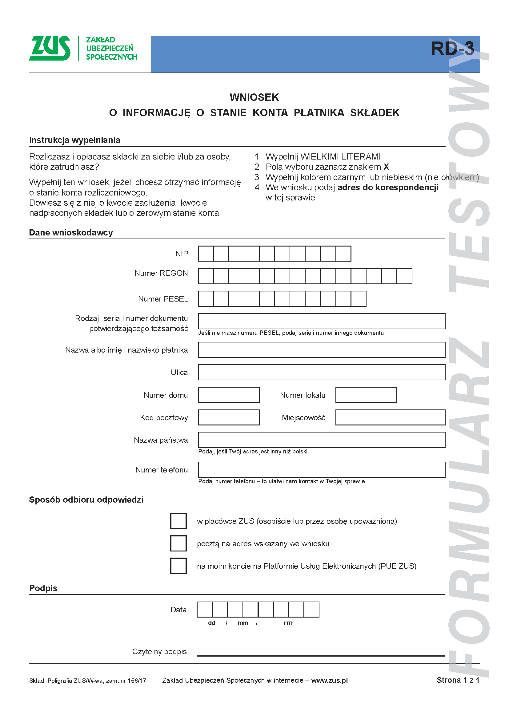 formularz testowy - Wniosek o informację o stanie konta płatnika składek