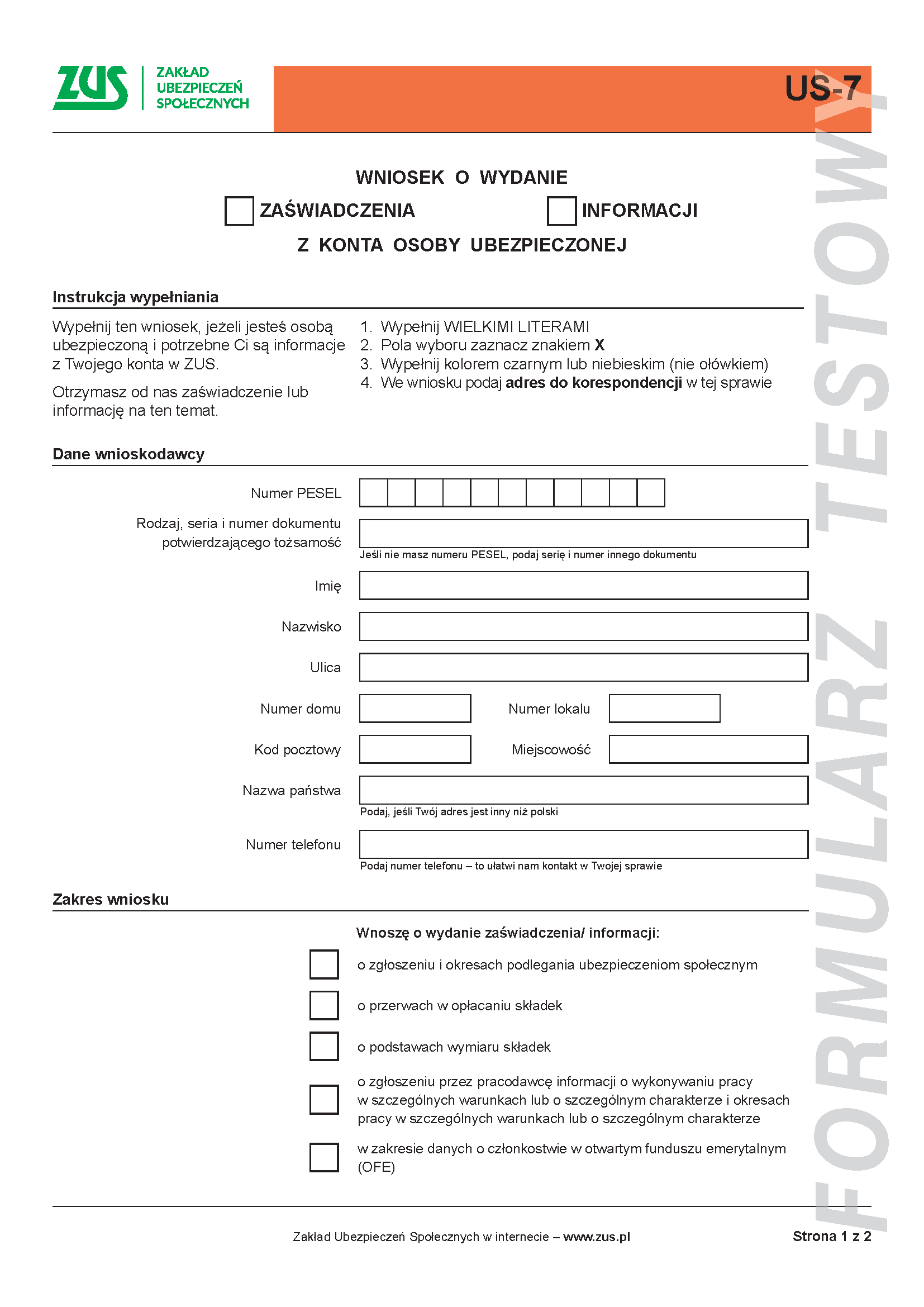 Wniosek o informację z konta osoby ubezpieczonej - uproszczony formularz testowy