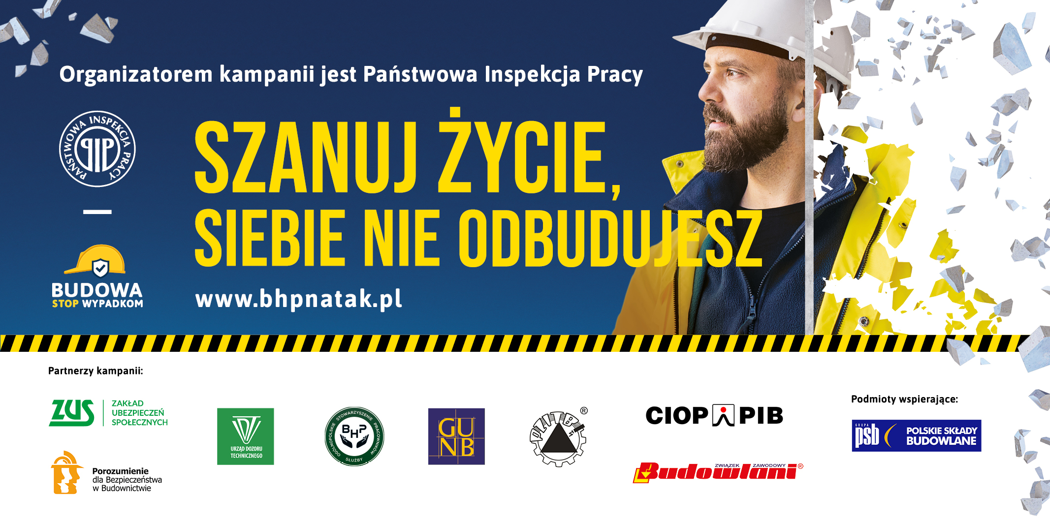 grafika kampanii PIP - budowa stop wypadkom, mężczyzna ubrany w żółty strój z kaskiem, w tle rozbite szkło